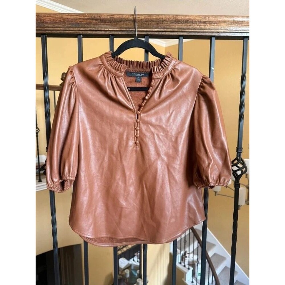 Marc New York Andrew Marc Faux Leather Puff Sleeve Blouse